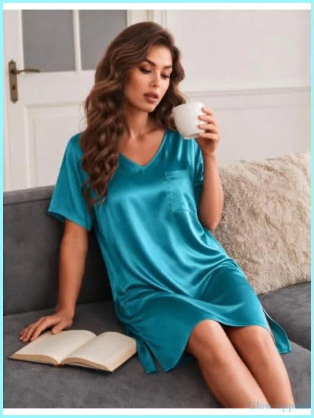Ekouaer Women's Satin V-Neck Sleepshirt Short Sleeve Nightgown